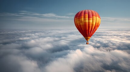 Fototapeta premium Vibrant hot air balloon ascends above an expansive layer of white clouds toward a clear blue sky