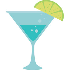 Turquoise Martini Cocktail in a Glass with Lime Garnish and Bubbles Transparent Background Studio Shot