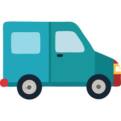 Turquoise panel van with red accents and tinted windows isolated on a transparent background with clear lighting