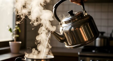 Steaming hot water being poured from a vintage metal kettle into a pot, creating wisps of steam