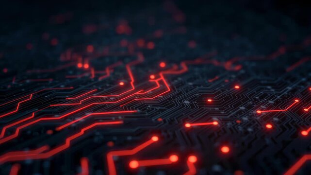 Futuristic circuit board red neon lines digital network data flow electronics design information technology background pulses with energy sleek pattern glows modern innovation connects systems - Powered by Adobe