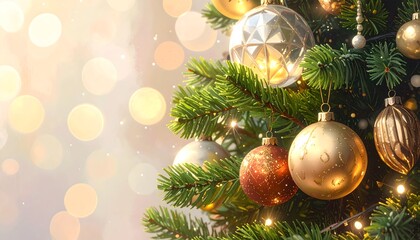 Christmas tree close up with sparkling lights ball ornaments with soft bokeh background.