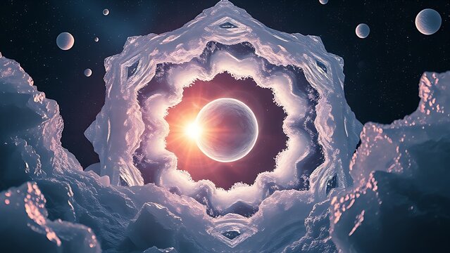 Alien ice crystals form impossible geometric shapes in zero gravity, refracting distant supernovae light.
