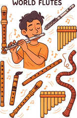 Cartoon boy playing flute surrounded by various world musical instrument