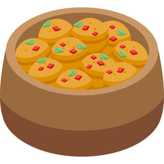 Isometric Bowl Filled with Golden Colored Round Foods Topped with Green Herbs and Red Cubes Detailed Food Preparation Culinary Concept