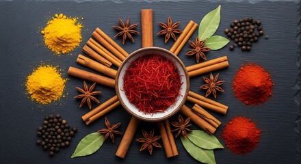 Vibrant red saffron, turmeric, paprika, peppercorns, cinnamon, anise, bay leaf