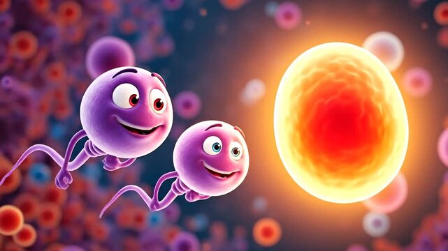 Illustration of Fertilization: A vibrant illustration depicts the journey of sperm towards the egg, symbolizing life's beginnings. the scene is filled with energy, optimism.