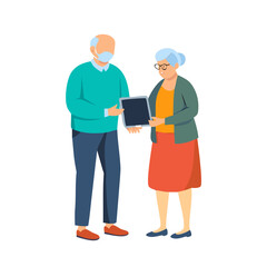 Portrait of an elderly couple with a tablet in their hands, faceless vector illustration, isolated on a white background
