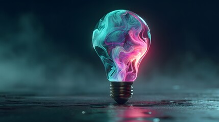 Illuminated glass globe contains vibrant swirling colored gas or liquid