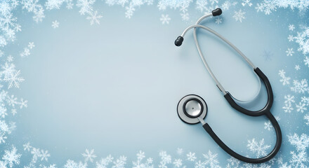Stethoscope on blue background with snowflakes in winter ambiance  