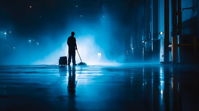 Industrial worker operates a floor scrubber in a dark, misty warehouse environment - Powered by Adobe