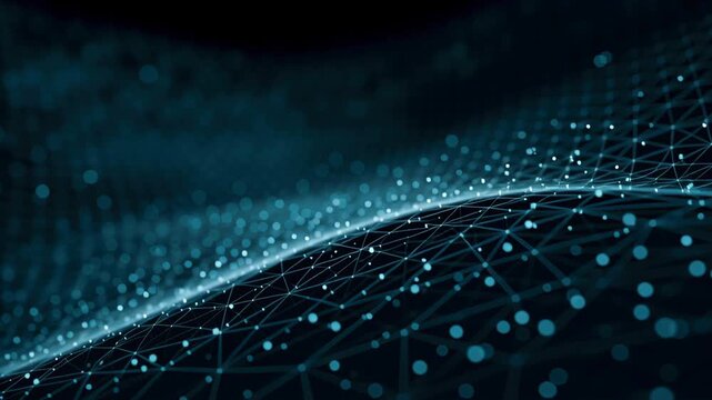 Futuristic network mesh information technology background with glowing dots and lines, abstract digital wave and dynamic depth, modern data grid conveys innovation, connectivity, blue glow cyber flow
