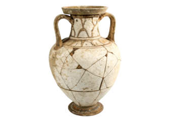 Ancient ceramic amphora with two handles, cracked and weathered, showcasing historical preservation and archaeological discovery, perfect for museum displays and historical research.