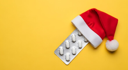 Medicine in Christmas hat on yellow background  