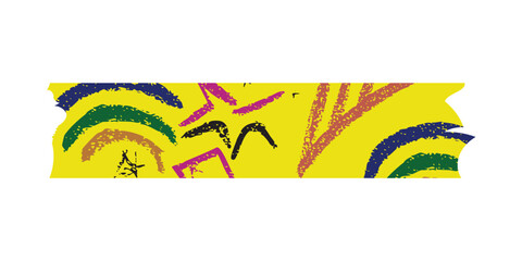 Close-up of a strip of yellow tape adorned with various colorful shapes and lines, creating an abstract and visually appealing design.
