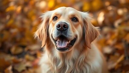 A playful Golden Retriever surrounded by autumn leaves, capturing the essence of seasonal joy.
