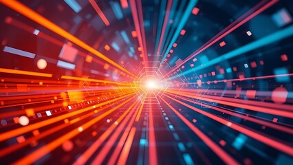 Abstract geometric patterns and light trails in modern tech aesthetic.