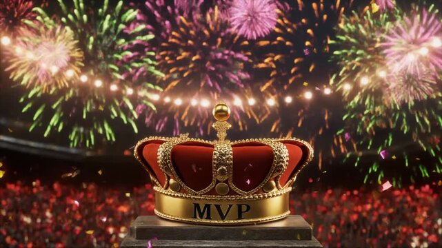 Majestic golden MVP crown shines brightly amidst a spectacular fireworks display, symbolizing ultimate triumph and grand recognition for outstanding achievement in a packed arena