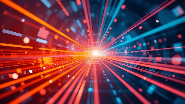 Abstract geometric patterns and light trails in modern tech aesthetic.