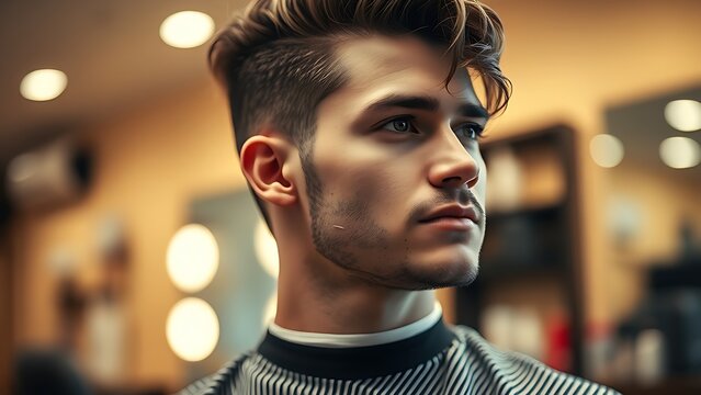 A professional barber focused on hairstyling, captured in a clean composition with warm side lighting.
