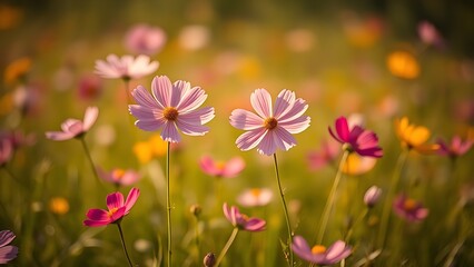 A field of bright cosmos flowers bathed in warm sunlight, creating a dreamy and vibrant scene.