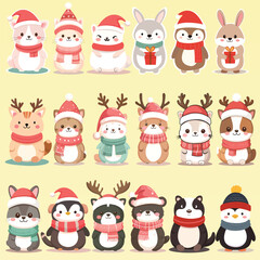 Cute Christmas Animals – Cartoon Winter Characters Vector Illustration