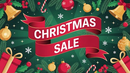 A festive big sale tag hangs from a snowcovered Christmas tree branch, creating a winter wonderland scene with pine cones and a blurred blue background