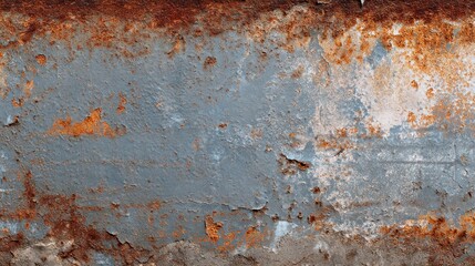 A weathered, rusted metal surface with patches of peeling paint and patches of bare metal exposed. 