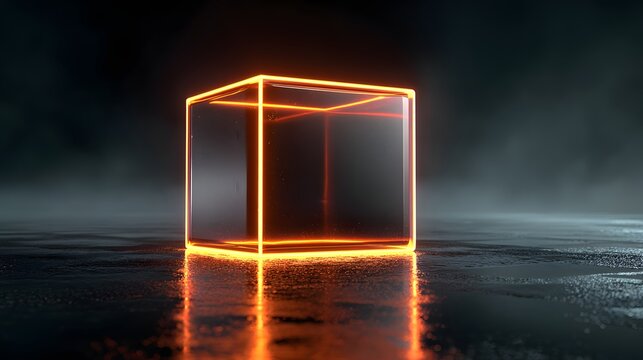 Glowing neon outline defines a transparent geometric shape resting on a wet dark surface