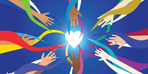 A vibrant illustration featuring hands of various skin tones extending towards a bright, central light, representing collaboration, diversity, and shared goals.