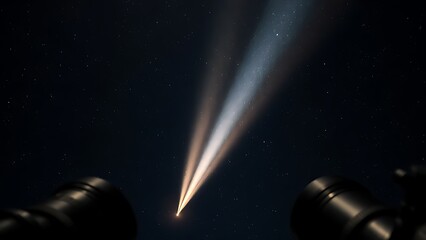 Celestial comet with iridescent tail stretching across starry darkness, framed by telescope lenses.