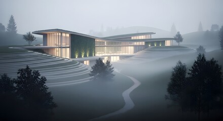 Obraz premium Modern house in fog with terraced landscaping and large windows and green wall design