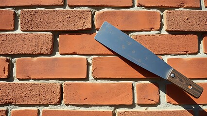 A close-up of a brick wall under construction with a trowel resting.