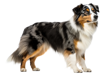 Majestic Australian Shepherd standing elegantly profile view showcasing its beautiful coat and attentive gaze perfect for pet care or lifestyle themes