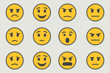 Twelve Yellow Faces, with Different Human Emotions, Cartoon Expression Icons