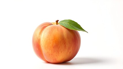 A single fresh peach with a green leaf, professionally photographed in sharp focus on a clean white background.