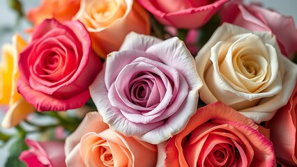 Vibrant bouquet of colorful roses against a soft floral background.