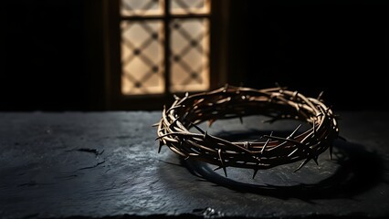 A symbolic crown of thorns resting on a dark surface, representing Christian sacrifice and devotion.