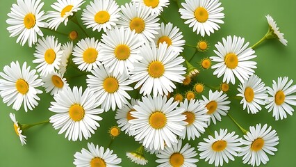 A natural arrangement of white daisies against a green background, exuding freshness.