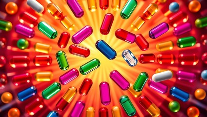 Vibrant floating vitamin capsules in a kaleidoscopic pattern against a radiant backdrop.