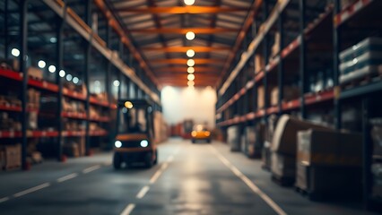 Industrial warehouse scene with a forklift in the distance, captured under atmospheric workplace lighting.