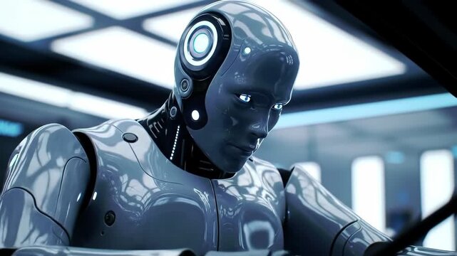 A contemplative humanoid robot in a sterile environment, subtly adjusting, technology and