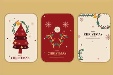 A set of three Christmas card designs featuring a decorated tree, reindeer antlers, and festive wreaths, perfect for holiday greetings.