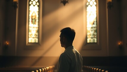 Tranquil church interior with stained glass light, highlighting a person in quiet reflection amid warm ambiance.