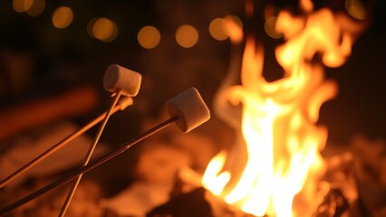 A campfire scene with marshmallows on sticks, glowing in the night.