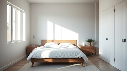 A corner of a modern minimalist bedroom featuring a bed and nightstand, bathed in soft natural ambient light.