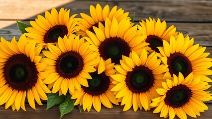 Close-up of vibrant sunflowers on a wooden surface, radiating warmth and rustic charm.