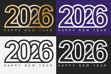 A collection of four stylish 2026 New Year designs featuring clean lines and modern typography in gold, white, and black color schemes.