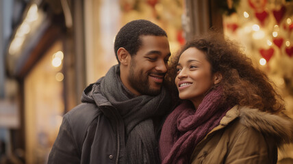 A smiling couple enjoys each other's company while surrounded by holiday lights and decorations Generative AI