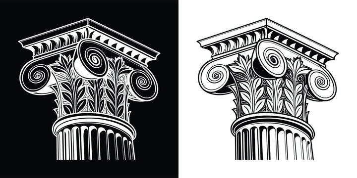 Ionic column capital, a decorative element of classical architecture, shown in black and white on contrasting backgrounds